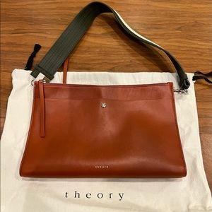 Theory Leather Cherry Brown Leather Clutch with Olive/Multi Suede Shoulder Strap